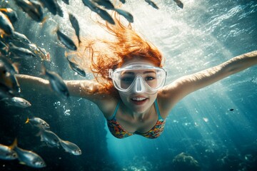 Fototapeta premium A stunning and sexy happy middle eastern young woman with red hair in a swimming mask and fins snorkeling among the corals. A dense school of silver fish swims next to her. Happy summer escape.