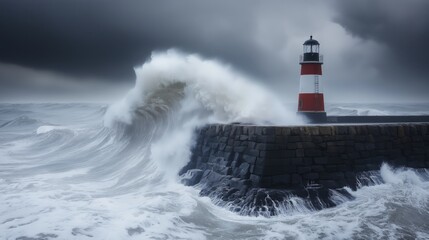 Obraz premium A dramatic seascape of powerful waves crashing against a stone breakwater and a red and white lighthouse
