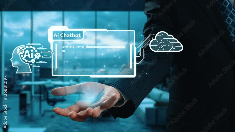 Poster human interact with ai artificial intelligence virtual assistant chatbot in concept of ai artificial