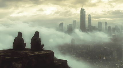 Two pensive figures contemplate a misty sprawling cityscape veiled in an ethereal fog. Veiled Horizon. Illustration