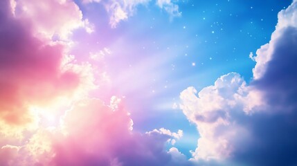 Sun rays shine through clouds in a vibrant, magical sky scene. Serene beauty
