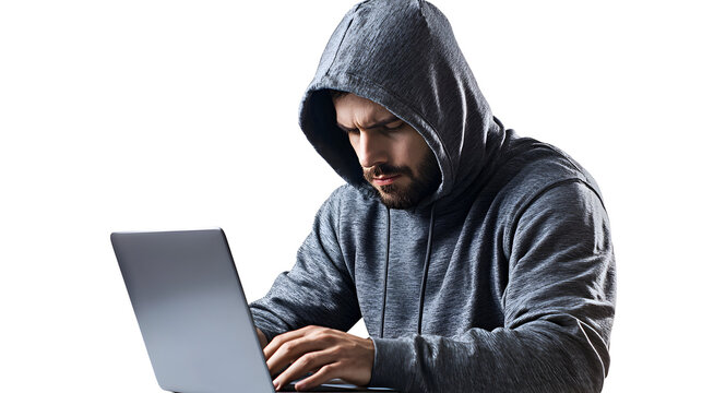 Hooded adult types on laptop computer in isolated bright studio setting against white backdrop.