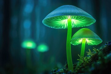 Glowing mushrooms illuminate the dark forest with bioluminescence, creating a mystical and magical scene.