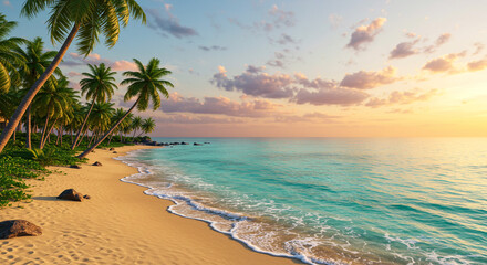 Tranquil sunset over a pristine tropical beach, palm trees swaying gently in the warm golden light, soft waves lapping at the shore.