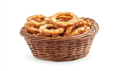 A basket of crispy fried onion rings, isolated on white background