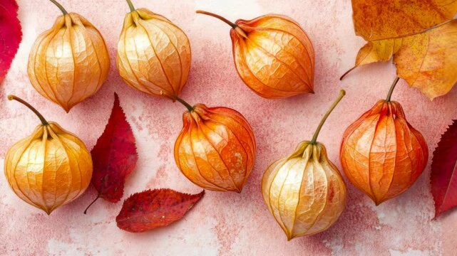 Brightly colored physalis fruits arranged with autumn leaves on a textured background, showcasing seasonal beauty and natural decor