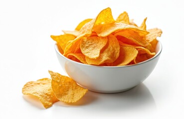 Crispy nacho chips in white bowl on white background. Delicious, salty, crunchy tortilla snack. Isolated photo for restaurant menu design, food blog articles, fast food tech concepts.