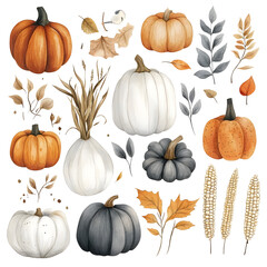 Watercolor Pumpkins Autumn Harvest Illustration with Dried Leaves and Wheat