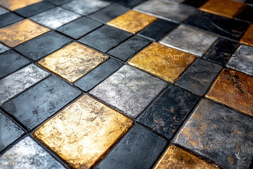 A captivating close-up view of a patterned floor tile installation featuring a striking blend of black, gold, and silver hues.