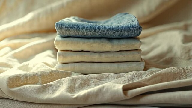 A clean stack of neatly folded jeans styled on a light fabric background. background