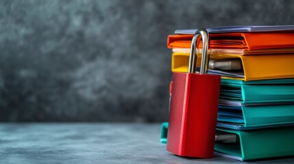 Red padlock secures a stack of colorful office files on a gray surface.