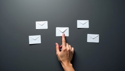 dark gray background with several white envelope icons scattered across it. A hand is reaching into the frame to touch one of the envelopes.