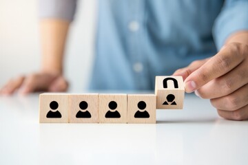 Customer retention concept. Inbound marketing strategy. Attracting potential customers. Hand puts wooden cubes with magnet attracts customer icons on beautiful grey background and copy space. Loyalty
