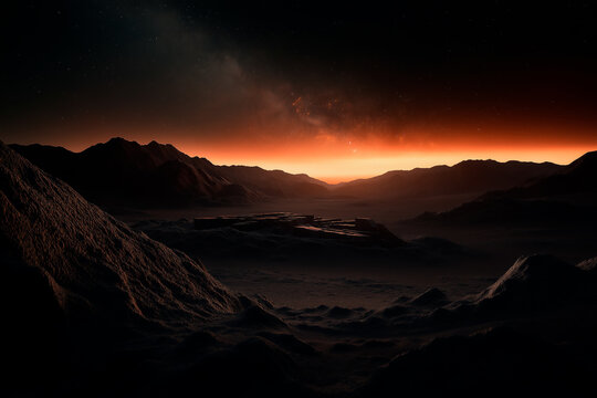 An astronaut stands on a lunar surface, gazing at the shimmering auroras in a starry night sky. aurora borealis on mars