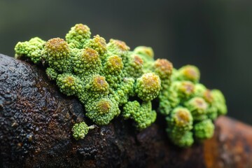 Cluster of light green bryophyte with yellow tips growing on a dark, damp, and decaying branch in close-up.