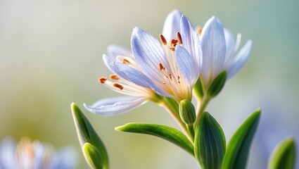Obraz premium Delicate lavender flower, light petals, green stem, bokeh background