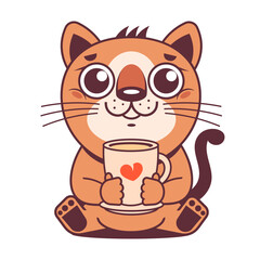 Two cats in love with cups of coffee drink, heart shape, love. Time for coffee, rest, friendship. Couple of animals clicking cups
