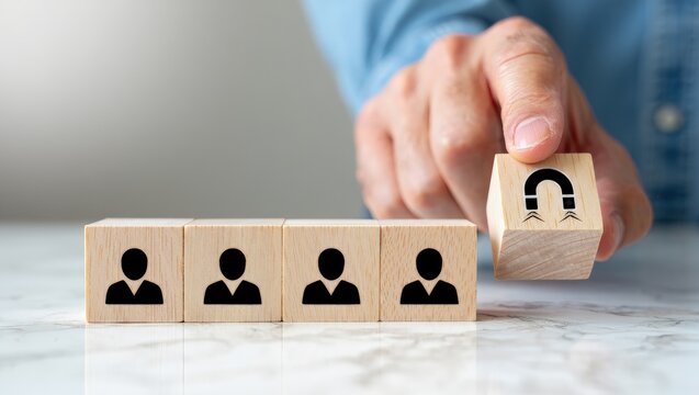 Customer retention concept. Inbound marketing strategy. Attracting potential customers. Hand puts wooden cubes with magnet attracts customer icons on beautiful grey background and copy space. Loyalty