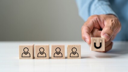 Customer retention concept. Inbound marketing strategy. Attracting potential customers. Hand puts wooden cubes with magnet attracts customer icons on beautiful grey background and copy space. Loyalty