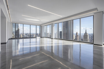 Fototapeta premium Expansive Empty High-Rise Office Space With Panoramic City Views in a Modern Urban Skyscraper