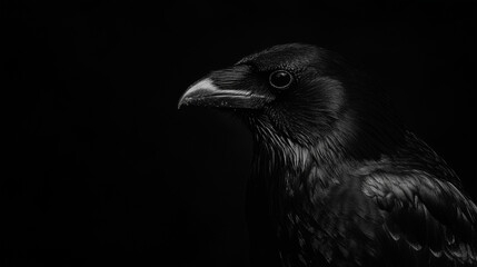 Close-up portrait of a Common Raven (Corvus corax) against a dark background, highlighting its strong beak and dark plumage.
