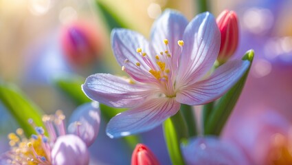 Fototapeta premium Delicate, light pink & yellow flower, vibrant petals, bokeh effect