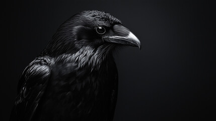 Close-up portrait of a Common Raven (Corvus corax) against a dark background, highlighting its strong beak and dark plumage.