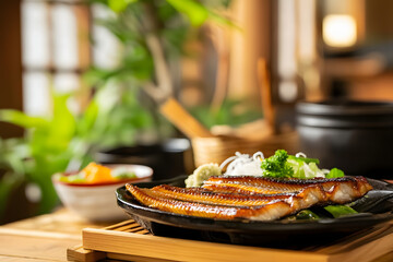 Japanese unagi grilled eel dish, traditional presentation with precise culinary technique