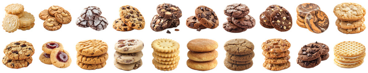 Assorted Delicious Cookies and Biscuits Displayed in Various Shapes and Textures Perfect for Snack Lovers and Dessert Enthusiasts. Piquant food set.