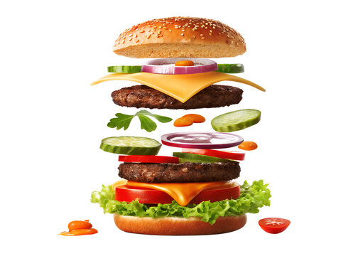 Delicious close-up of a floating burger with layers of fresh lettuce, tomato, onion, cheese, and a juicy beef patty, creating an appetizing and visually appealing composition