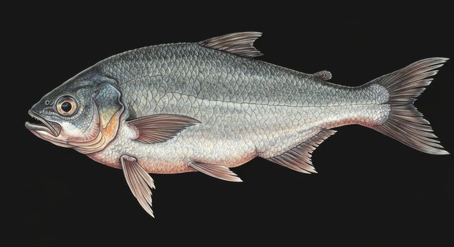 Bowfin Fish Illustration on White - Detailed illustration of a bowfin fish, showcasing its unique features, scales, and fins.  Symbolizing resilience, aquatic life, nature's diversity