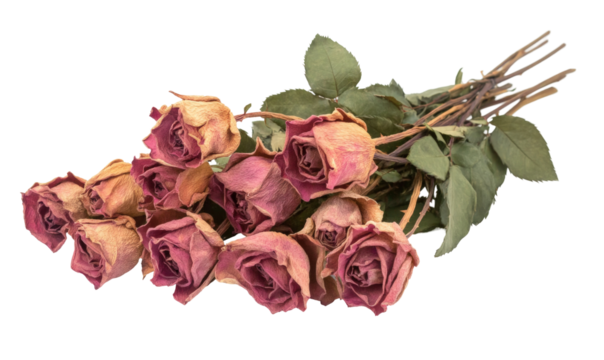 Dried rose bouquet on transparent background, for vintage or romantic themes