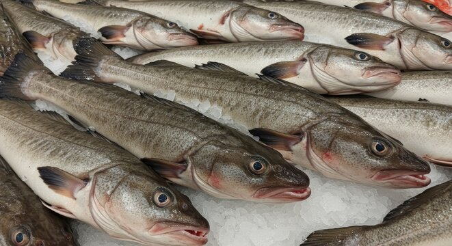 Burbot Fish on Ice in Supermarket Freezer - Fresh burbot fish on ice, symbolizing freshness, abundance, healthy eating, winter, and cold-water species.