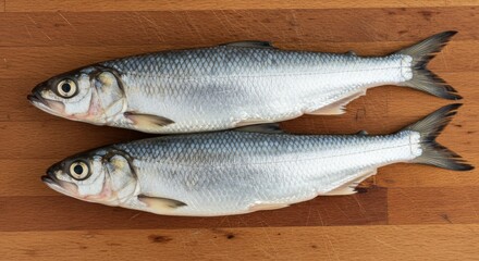 Obraz premium Fresh Alewife Duo on Wooden Board - Two fresh alewives on a light brown wooden cutting board. Represents freshness, natural food, healthy eating, seafood, and culinary ingredients.