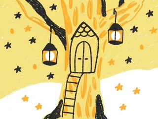 A hand-drawn enchanted treehouse with glowing lanterns