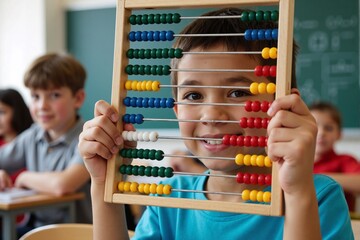 young boy in a classroom setting engages in the fundamental process of learning mathematics, his hands actively manipulating the counting tool as he explores the foundational principles of numeracy