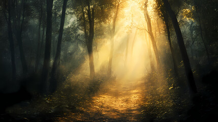 Obraz premium Ethereal light beams penetrating a dark forest illuminating hidden pathways with mystical radiance. Hushed Illusion. Illustration