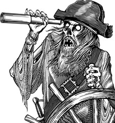 Black and white vector illustration with old sailor zombie