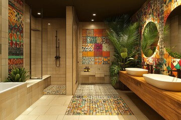 Creative Office Bathroom with Vibrant Wall Art and Eco-Friendly Fixtures