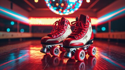 Red and white roller skates on shiny rink floor with disco ball in background