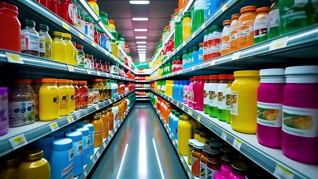 Colorful supplement and vitamin bottles lined on bright grocery aisle shelves