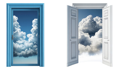 Open Door to the Sky with Clouds and Beautiful Blue Background, PNG bundle collection, Isolated on Transparent Background