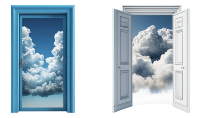 Open Door to the Sky with Clouds and Beautiful Blue Background, PNG bundle collection, Isolated on Transparent Background