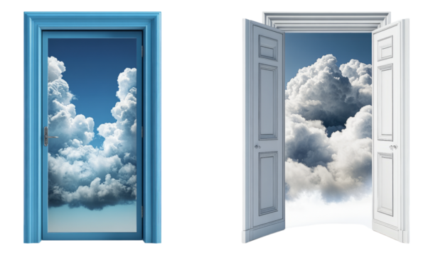 Open Door to the Sky with Clouds and Beautiful Blue Background, PNG bundle collection, Isolated on Transparent Background