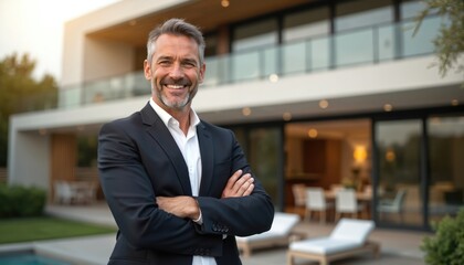 Mature realtor stands outside modern luxury home. Confident man smiles wearing suit. Professional agent in real estate business market. Housing sale, residential property, investment.
