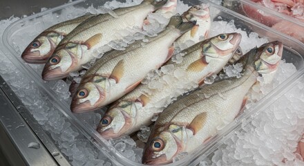 Fresh White Perch on Ice at Market - Fresh, chilled white perch displayed on ice in a supermarket.  Clean, healthy, and ready to cook.  Symbolising freshness, quality, seafood, market, and food.