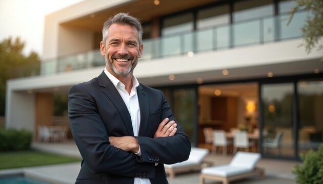 Mature realtor stands outside modern luxury home. Confident man smiles wearing suit. Professional agent in real estate business market. Housing sale, residential property, investment. - Powered by Adobe