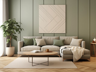 Living room interior with light sage tone geometric wood wall panelling . Sage and neutral home interior