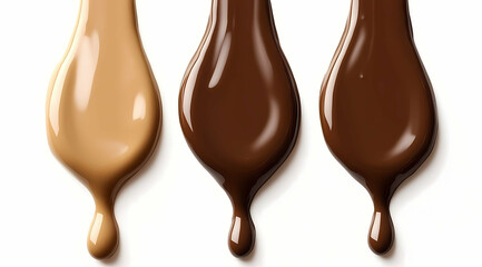 Obraz premium Three swatches of liquid flowing downwards a gradient of caramel milk chocolate and dark chocolate