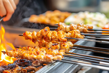 Japanese yakitori grilled skewers, precise culinary techniques